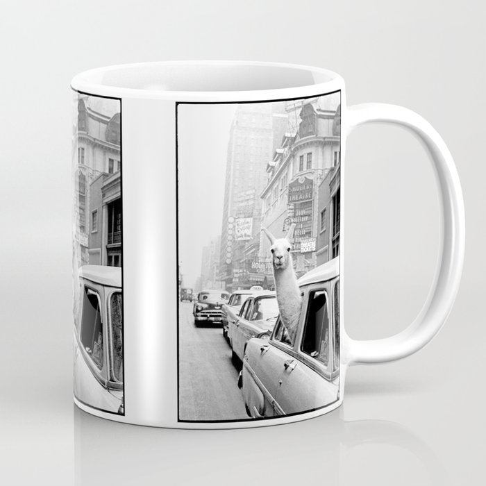  llama in times square print - a llama in times square-Llama Riding in Taxi, Black and White Vintage Coffee Mug Gallery Image 1