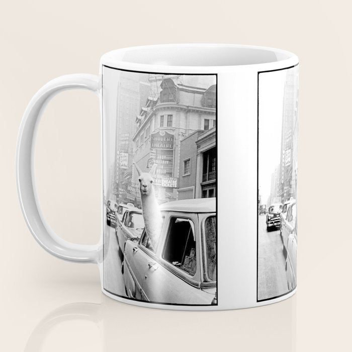  llama in times square print - a llama in times square-Llama Riding in Taxi, Black and White Vintage Coffee Mug Gallery Image 3