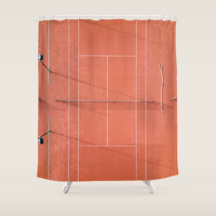 Red tennis court at sunrise | Colorful drone aerial photography art | sports field print Shower Curtain Gallery Image 1