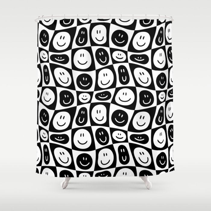 Black and white checkered happy face pattern Shower Curtain Gallery Image 1