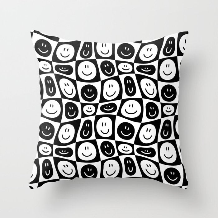 Black and white checkered happy face pattern Throw Pillow Gallery Image 6
