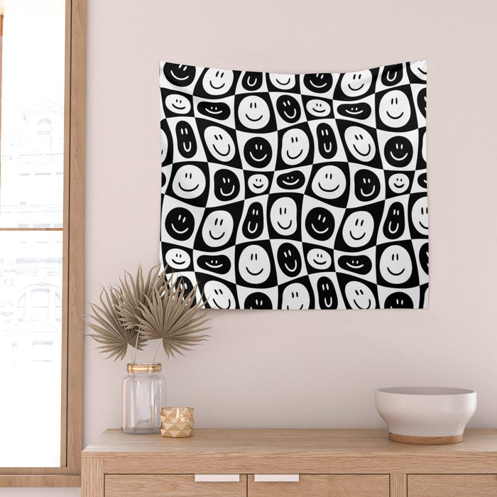 Black and white checkered happy face pattern Wall Tapestry Gallery Image 2