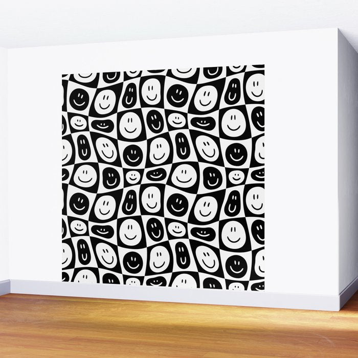 Black and white checkered happy face pattern Wall Mural Gallery Image 2