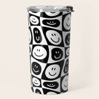 Black and white checkered happy face pattern Travel Mug Gallery Image 2