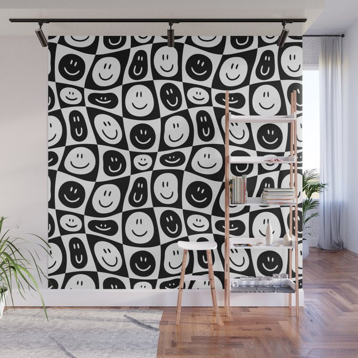 Black and white checkered happy face pattern Wall Mural Gallery Image 1