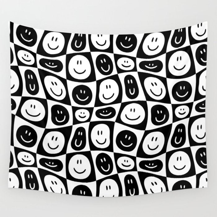 Black and white checkered happy face pattern Wall Tapestry Gallery Image 4