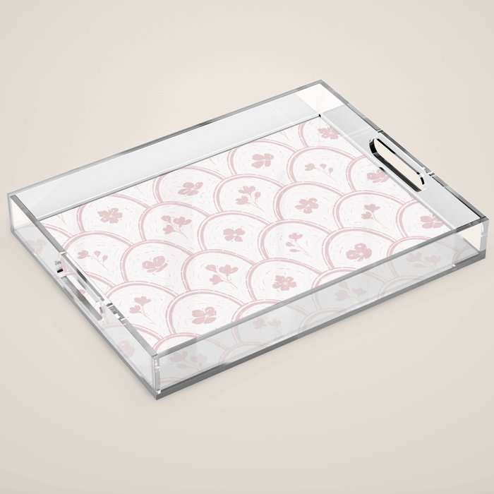 Rustic scallop floral block print - soft blush baby pink pattern Acrylic Tray Gallery Image 1