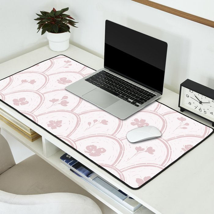 Rustic scallop floral block print - soft blush baby pink pattern Desk Mat Gallery Image 2