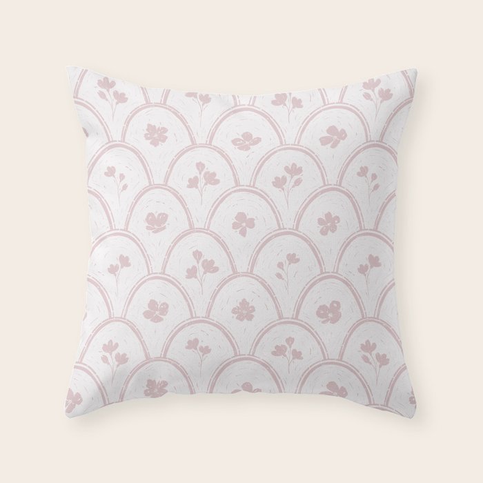 Rustic scallop floral block print - soft blush baby pink pattern Throw Pillow Gallery Image 6