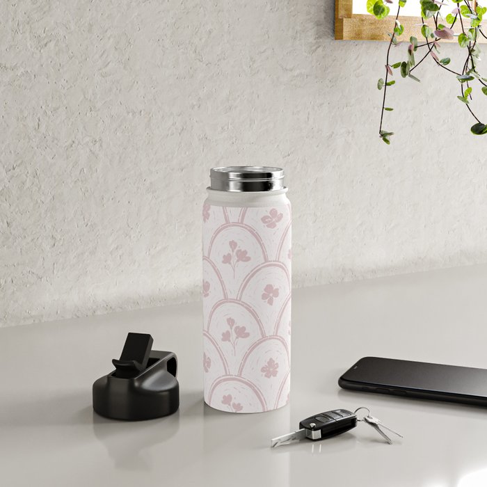 Rustic scallop floral block print - soft blush baby pink pattern Water Bottle Gallery Image 4