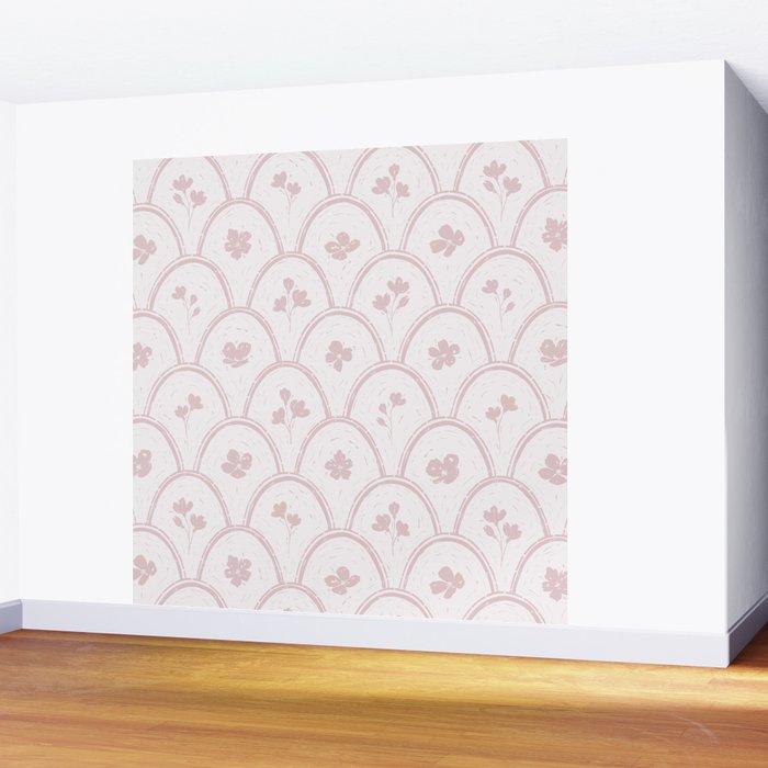 Rustic scallop floral block print - soft blush baby pink pattern Wall Mural Gallery Image 2