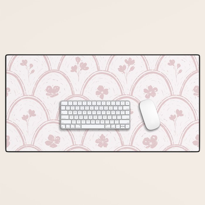 Rustic scallop floral block print - soft blush baby pink pattern Desk Mat Gallery Image 1