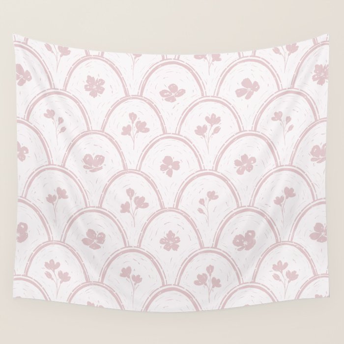 Rustic scallop floral block print - soft blush baby pink pattern Wall Tapestry Gallery Image 4