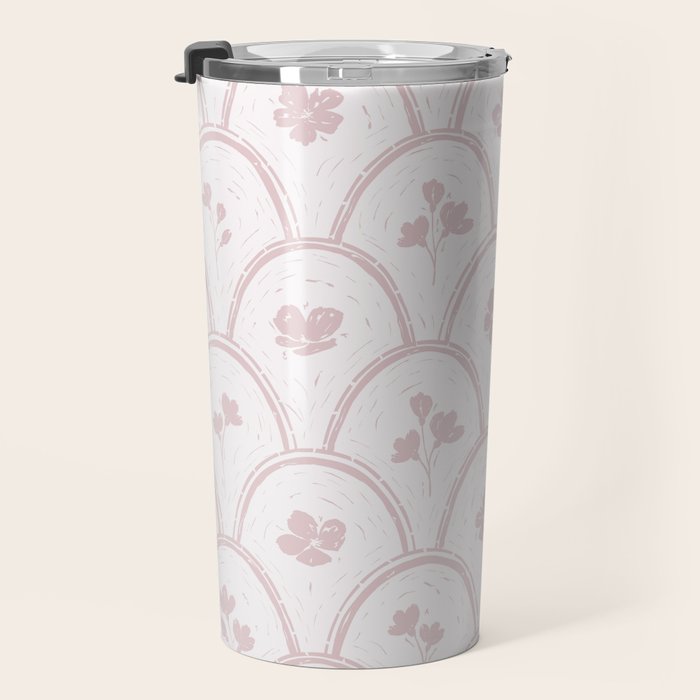 Rustic scallop floral block print - soft blush baby pink pattern Travel Mug Gallery Image 3
