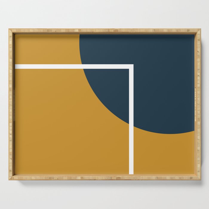 Fusion 4: Minimalist Geometric Abstract in Dark Mustard Yellow, Navy Blue, and White Serving Tray Gallery Image 1
