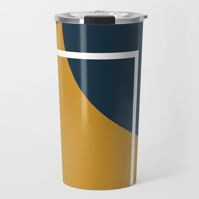Fusion 4: Minimalist Geometric Abstract in Dark Mustard Yellow, Navy Blue, and White Travel Mug Gallery Image 1