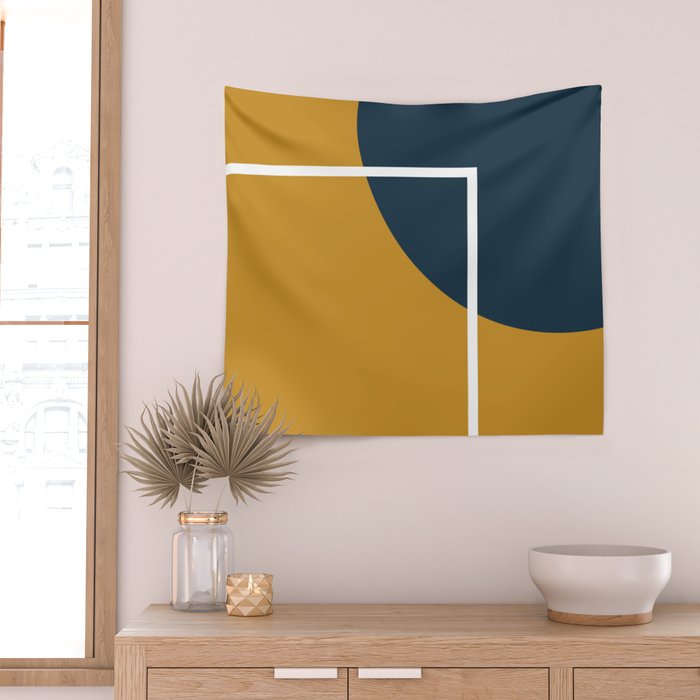 Fusion 4: Minimalist Geometric Abstract in Dark Mustard Yellow, Navy Blue, and White Wall Tapestry Gallery Image 2