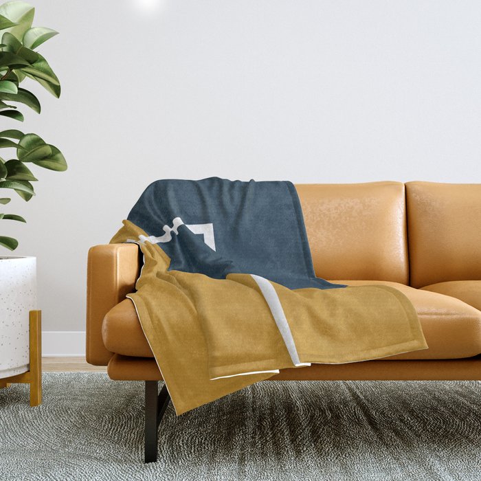 Fusion 4: Minimalist Geometric Abstract in Dark Mustard Yellow, Navy Blue, and White Throw Blanket Gallery Image 1
