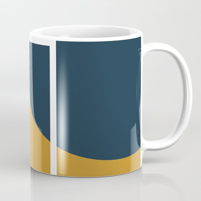 Fusion 4: Minimalist Geometric Abstract in Dark Mustard Yellow, Navy Blue, and White Coffee Mug Gallery Image 1