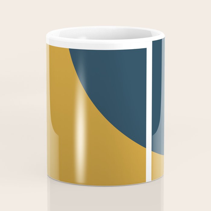 Fusion 4: Minimalist Geometric Abstract in Dark Mustard Yellow, Navy Blue, and White Coffee Mug Gallery Image 4