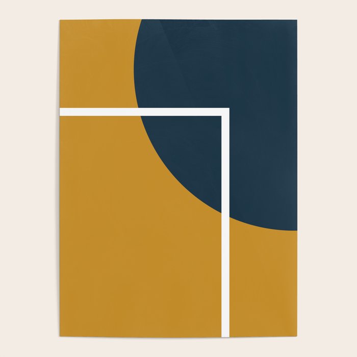 Fusion 4: Minimalist Geometric Abstract in Dark Mustard Yellow, Navy Blue, and White Poster Gallery Image 1
