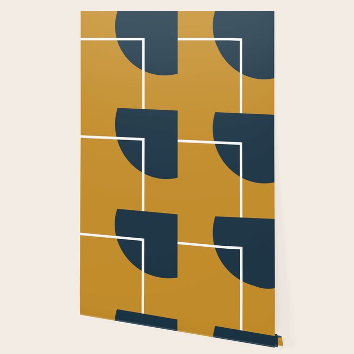 Fusion 4: Minimalist Geometric Abstract in Dark Mustard Yellow, Navy Blue, and White Wallpaper Gallery Image 2