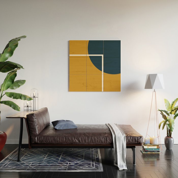 Fusion 4: Minimalist Geometric Abstract in Dark Mustard Yellow, Navy Blue, and White Wood Wall Art Gallery Image 2