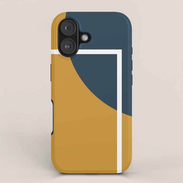 Fusion 4: Minimalist Geometric Abstract in Dark Mustard Yellow, Navy Blue, and White iPhone Case Gallery Image 1