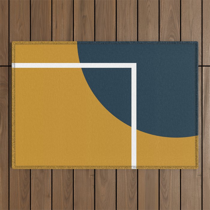 Fusion 4: Minimalist Geometric Abstract in Dark Mustard Yellow, Navy Blue, and White Outdoor Rug Gallery Image 1