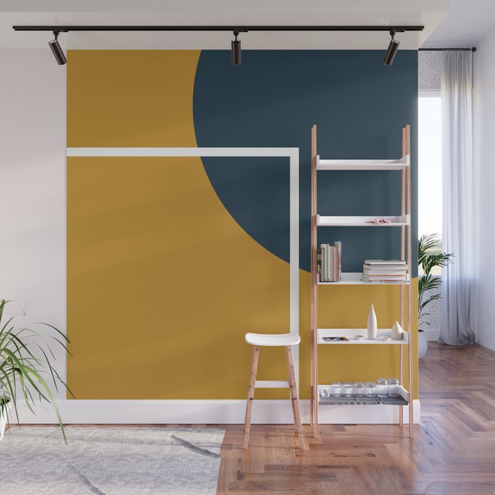 Fusion 4: Minimalist Geometric Abstract in Dark Mustard Yellow, Navy Blue, and White Wall Mural Gallery Image 1