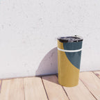 Fusion 4: Minimalist Geometric Abstract in Dark Mustard Yellow, Navy Blue, and White Travel Mug Gallery Image 4