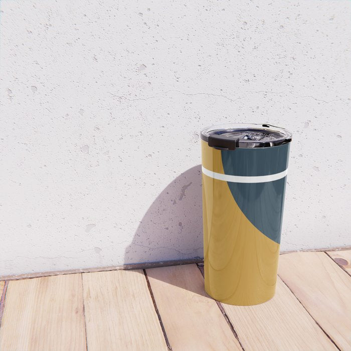 Fusion 4: Minimalist Geometric Abstract in Dark Mustard Yellow, Navy Blue, and White Travel Mug Gallery Image 4