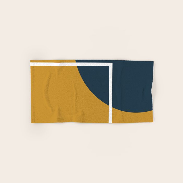 Fusion 4: Minimalist Geometric Abstract in Dark Mustard Yellow, Navy Blue, and White Towels Gallery Image 1