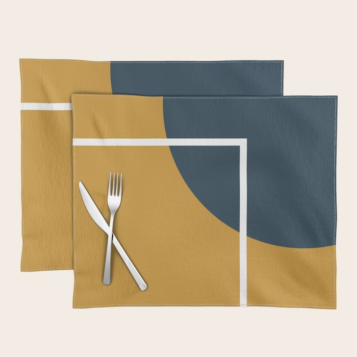 Fusion 4: Minimalist Geometric Abstract in Dark Mustard Yellow, Navy Blue, and White Placemat Gallery Image 1