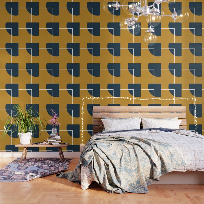 Fusion 4: Minimalist Geometric Abstract in Dark Mustard Yellow, Navy Blue, and White Wallpaper Gallery Image 3