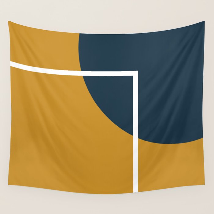 Fusion 4: Minimalist Geometric Abstract in Dark Mustard Yellow, Navy Blue, and White Wall Tapestry Gallery Image 4