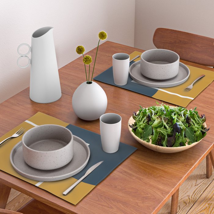 Fusion 4: Minimalist Geometric Abstract in Dark Mustard Yellow, Navy Blue, and White Placemat Gallery Image 2