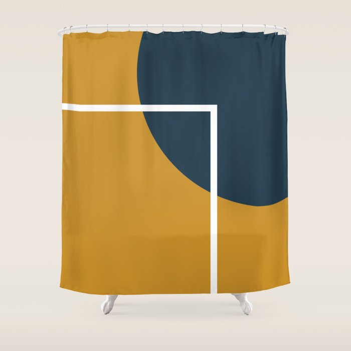 Fusion 4: Minimalist Geometric Abstract in Dark Mustard Yellow, Navy Blue, and White Shower Curtain Gallery Image 1