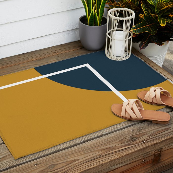 Fusion 4: Minimalist Geometric Abstract in Dark Mustard Yellow, Navy Blue, and White Outdoor Rug Gallery Image 2