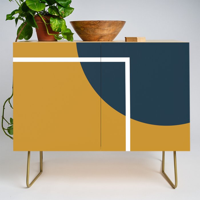 Fusion 4: Minimalist Geometric Abstract in Dark Mustard Yellow, Navy Blue, and White Credenza Gallery Image 1