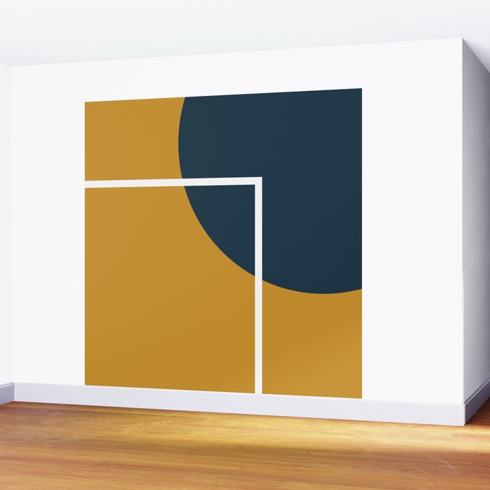 Fusion 4: Minimalist Geometric Abstract in Dark Mustard Yellow, Navy Blue, and White Wall Mural Gallery Image 2