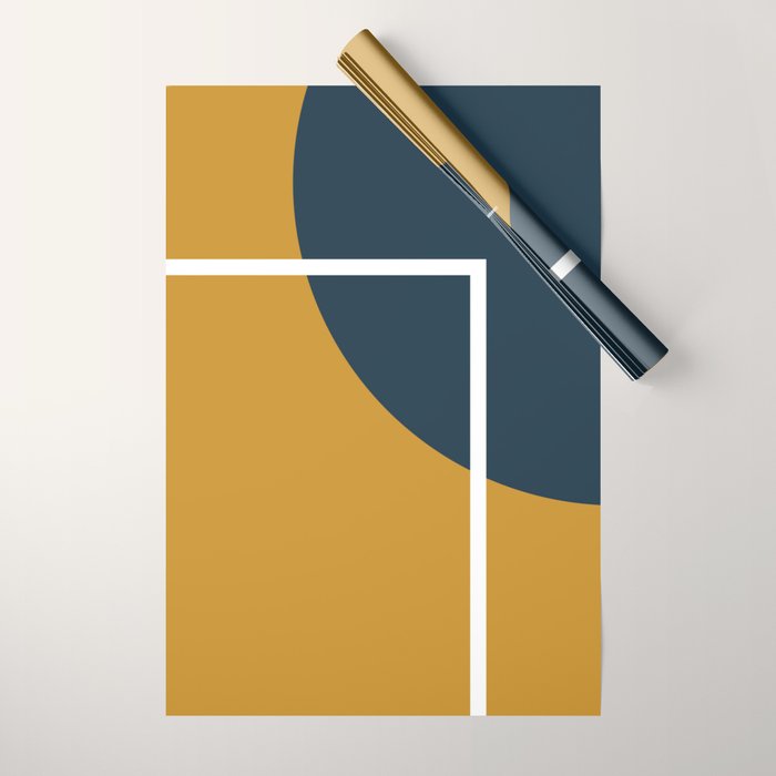 Fusion 4: Minimalist Geometric Abstract in Dark Mustard Yellow, Navy Blue, and White Wrapping Paper Gallery Image 1