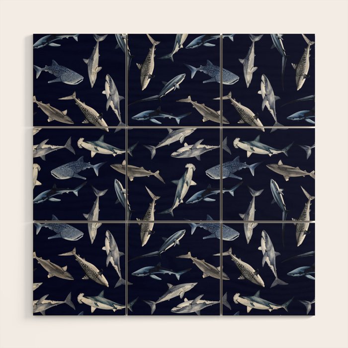 SHARKS PATTERN (NAVY BLUE) Wood Wall Art Gallery Image 1