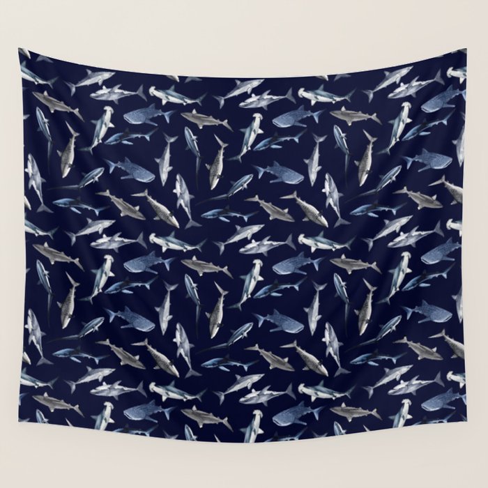 SHARKS PATTERN (NAVY BLUE) Wall Tapestry Gallery Image 1