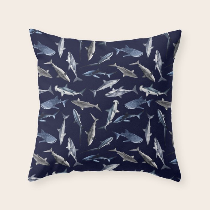 SHARKS PATTERN (NAVY BLUE) Throw Pillow Gallery Image 1