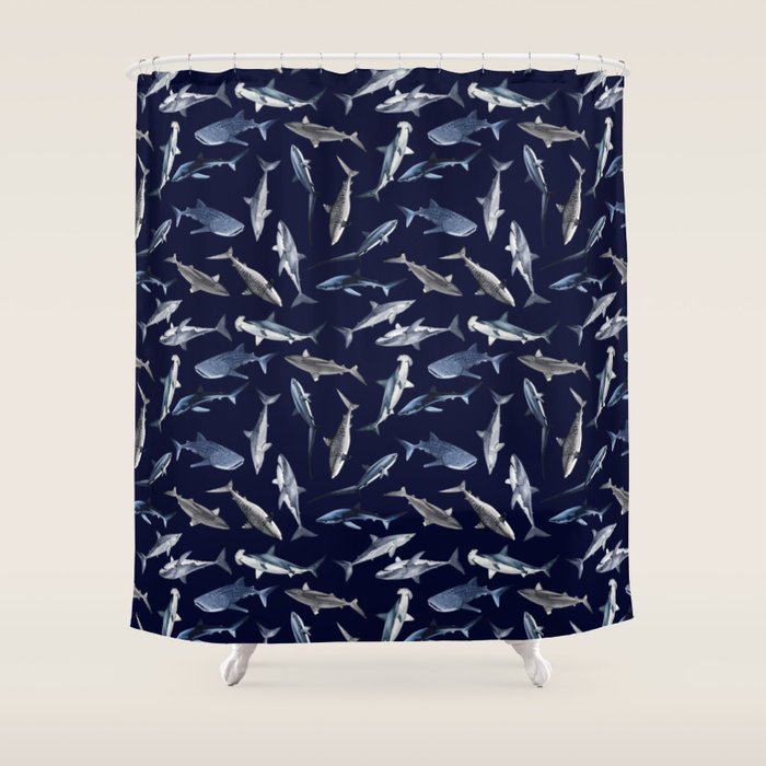 SHARKS PATTERN (NAVY BLUE) Shower Curtain Gallery Image 1