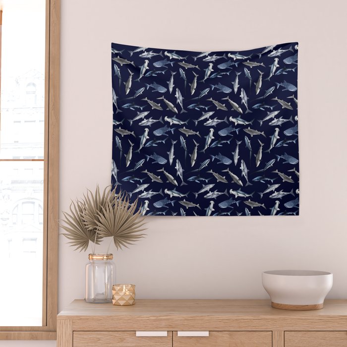 SHARKS PATTERN (NAVY BLUE) Wall Tapestry Gallery Image 2