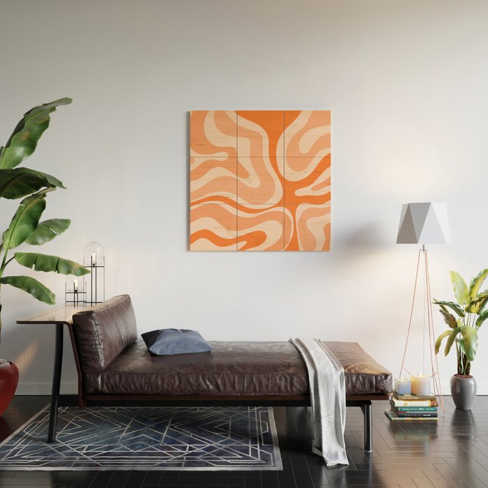 Modern Retro Liquid Swirl Abstract in Tangerine Orange Wood Wall Art Gallery Image 2