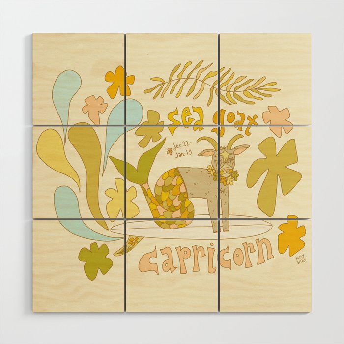 Capricorn surf zodiac sea goat // retro art by surfy birdy Wood Wall Art Gallery Image 1
