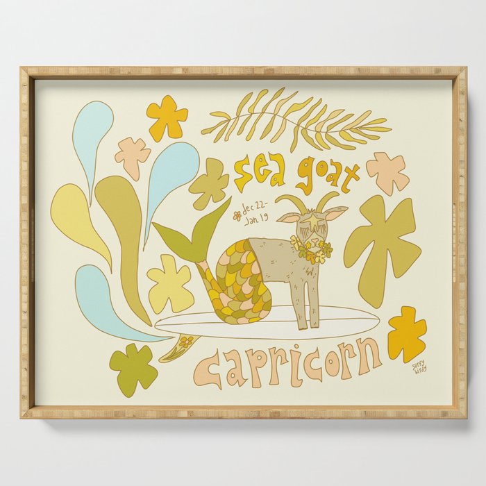 Capricorn surf zodiac sea goat // retro art by surfy birdy Serving Tray Gallery Image 1